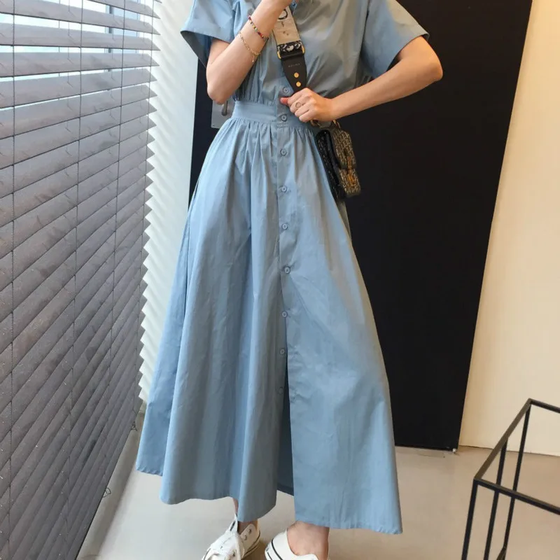 Chic Solid Casual Summer Dress 2021 New Korean Single-Breasted Long Dresses Turn-Down Collar Short-Sleeved Women's Dress Robe
Chic Solid Casual Summer Dress 2021 New Korean Single-Breasted Long Dresses Turn-Down Collar Short-Sleeved Women's Dress Robe