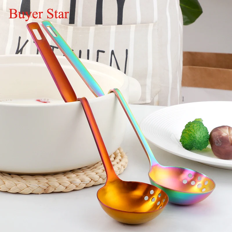

1 Pcs Long Handle Stainless Steel 2 in 1 Soup Spoon Cooking Colander Strainer Ladle Scoop Table Tool Kitchenware