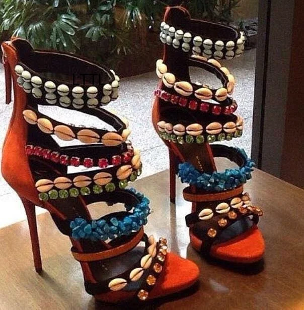 New Unique Design Camel Suede Stiletto High Heel Sandals Women Novel Shells Blue Stones Crystal Decorated Open Toe Dress Sandals
New Unique Design Camel Suede Stiletto High Heel Sandals Women Novel Shells Blue Stones Crystal Decorated Open Toe Dress Sandals