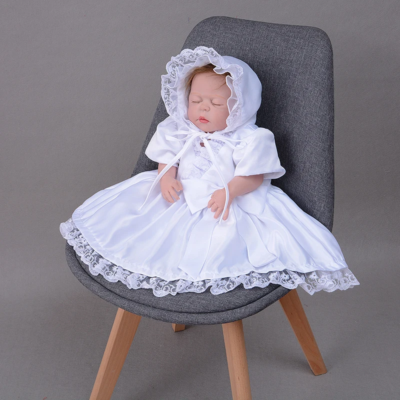 

Baby Girl Baptism Dress with Bonnet Hat Newborn Baptismal Outfits White Satin Lace Trim Formal Clothes Baby Christening Dress