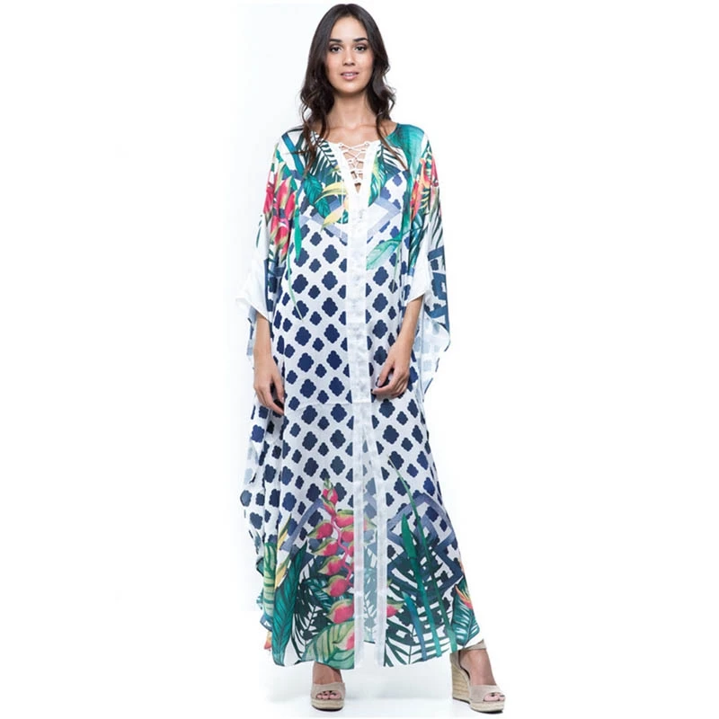 

Tropical Vibe Floral Print Dress Maxi Kaftan Summer Plus Size Robe Lace-Up V-Neck Fashion Caftan Long Tunic Beach Cover Ups Chic
