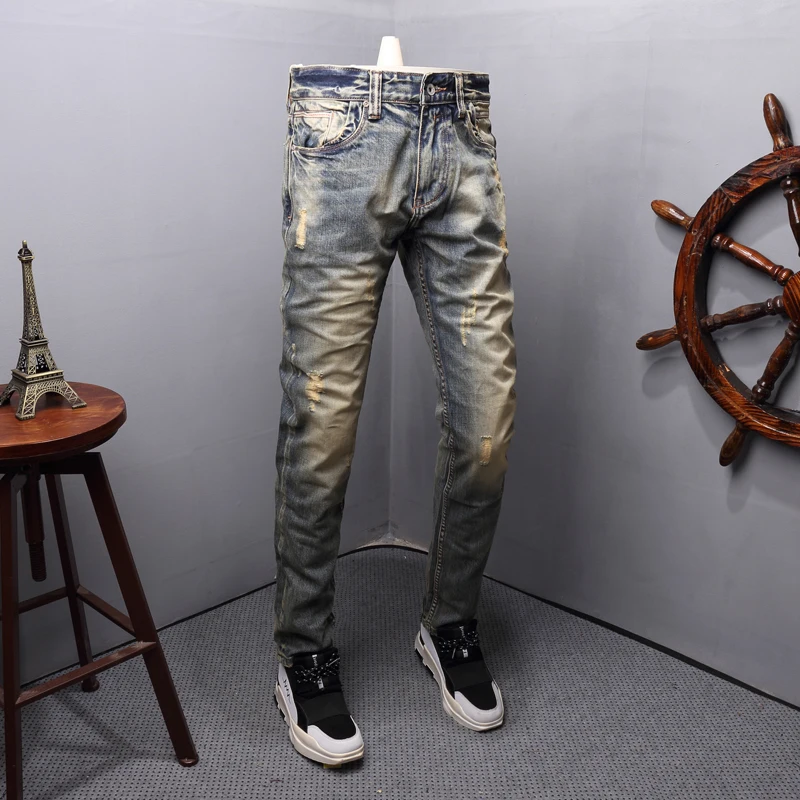 Fashion Streetwear Men Jeans Retro Yellow Wash Destroyed Ripped Jeans Men Slim Fit Italian Style Vintage Designer Jeans Homme
Fashion Streetwear Men Jeans Retro Yellow Wash Destroyed Ripped Jeans Men Slim Fit Italian Style Vintage Designer Jeans Homme