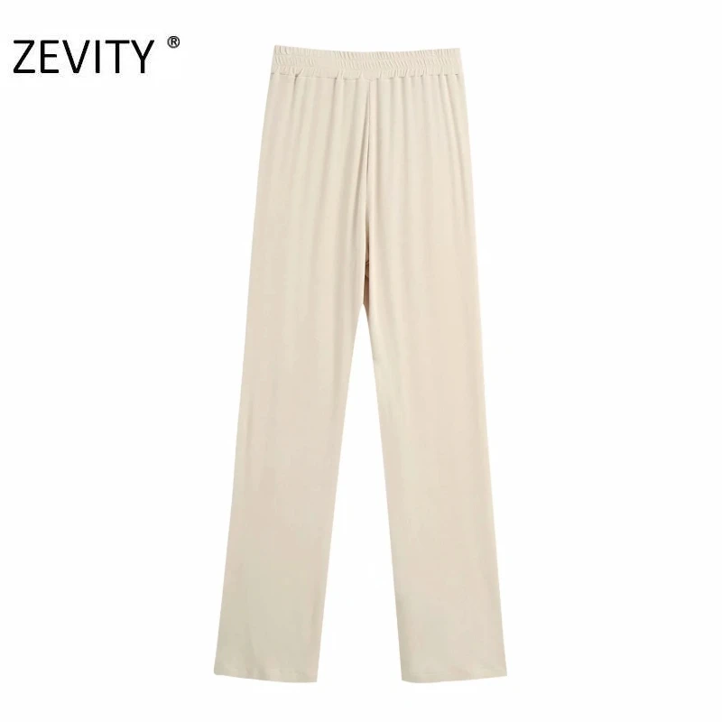 ZEVITY New Women fashion solid color pleats knitting straight pants female elastic waist slim Trousers chic hem split pants P936