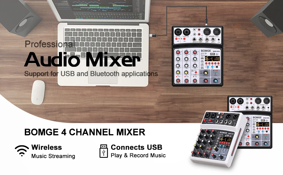 4 Channels Audio Sound Mixer Mixing DJ Console USB with 48V Phantom Power 16 DSP Effects 4 Channels Audio Sound Mixer Mixing DJ Console USB with 48V Phantom Power 16 DSP Effects