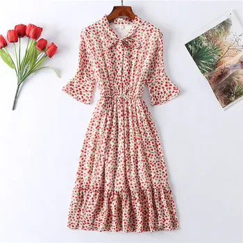 Spring Summer Chiffon Dress Women Knee Length Flare Sleeve Print Dresses Sweet Bow Slim Dot Flower Short Sleeve Women Dress
Spring Summer Chiffon Dress Women Knee Length Flare Sleeve Print Dresses Sweet Bow Slim Dot Flower Short Sleeve Women Dress