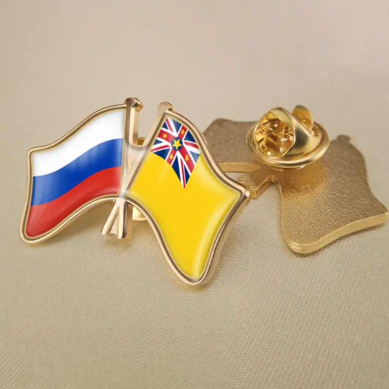 

Russian Federation and Niue Crossed Double Friendship Flags Lapel Pins Brooch Badges