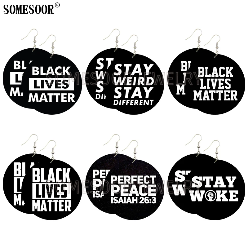 

SOMESOOR Mixed 6 Package Wholesale Slogan Stay Wake Black Lives Matter Double Sides Printing Round Pendants Earrings For Women