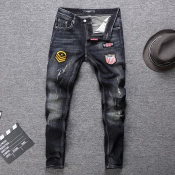 Italian Style Fashion Men Jeans Retro Black Blue Slim Fit Patches Designer Ripped Jeans Men Streetwear Hip Hop Pants Biker Jeans 
Italian Style Fashion Men Jeans Retro Black Blue Slim Fit Patches Designer Ripped Jeans Men Streetwear Hip Hop Pants Biker Jeans