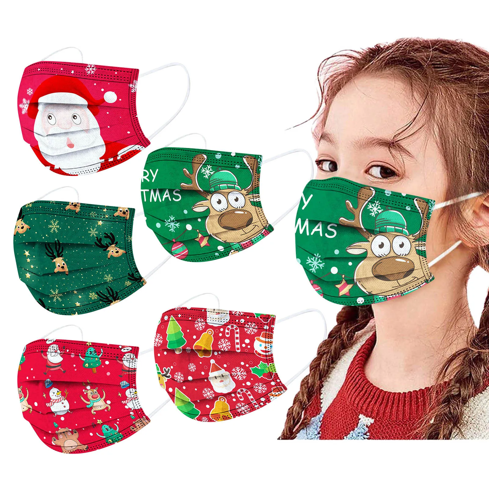 50pcs Merry Christmas Children Kids Prints Breathable 3 -layer Masker 3ply Disposable Skin Masque Enfant For Face | Красота и