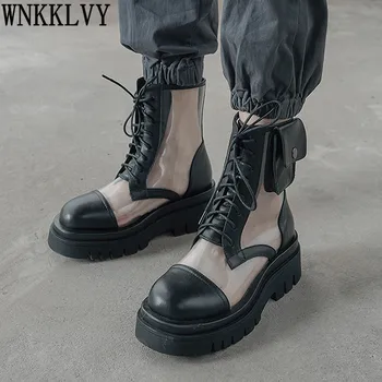 Transparent PVC thick sole pocket Rainboots women platform mixed colors lace up martin boots Waterproof ankle botas female 2020
Transparent PVC thick sole pocket Rainboots women platform mixed colors lace up martin boots Waterproof ankle botas female 2020
