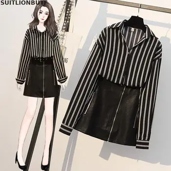 Perfect Quality Plus Size Two Piece Set Women Striped Blouse Zipper A-line PU leather Sashes Skirt Ropa Mujer Elegant Skirt Set
Perfect Quality Plus Size Two Piece Set Women Striped Blouse Zipper A-line PU leather Sashes Skirt Ropa Mujer Elegant Skirt Set