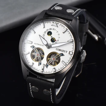 47mm Corgeut black pvd automatic men's mechanical watch flywheel white dial luminous calendar week fashion leather strap watch
47mm Corgeut black pvd automatic men's mechanical watch flywheel white dial luminous calendar week fashion leather strap watch