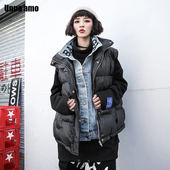 Unua amo Winter Vest Women Fashion Fake Two-piece Design Denim Patchwork Cotton-padded Sleeveless Parka Warm Waistcoat
Unua amo Winter Vest Women Fashion Fake Two-piece Design Denim Patchwork Cotton-padded Sleeveless Parka Warm Waistcoat
