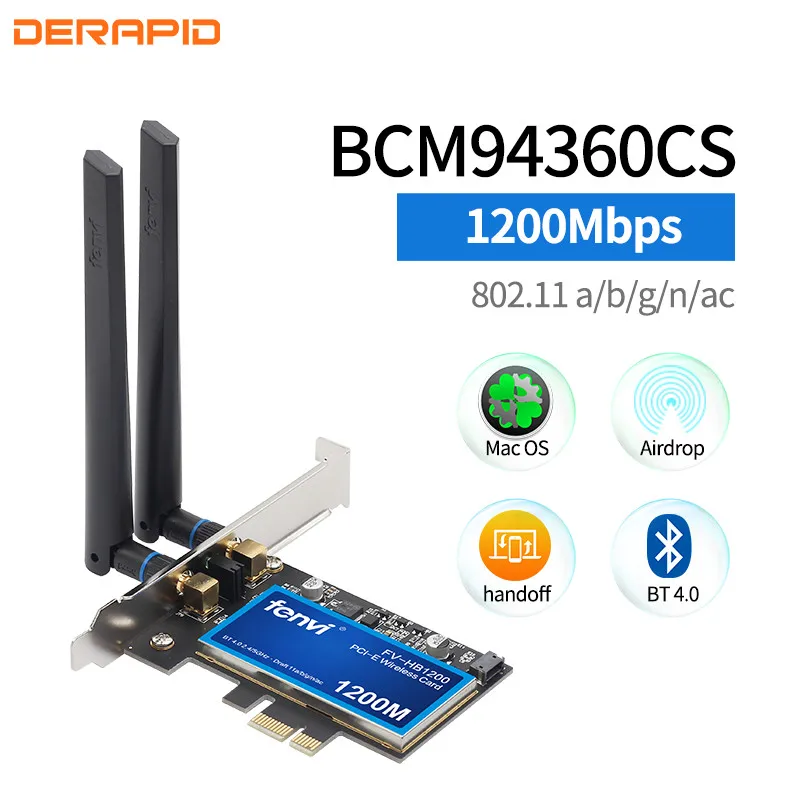 Dual band 1200Mbps 802.11ac Wifi Bluetooth 4.0 Airdrop PCI-E Wireless Adapter WLAN Network For MAC Hackintosh Windows
Dual band 1200Mbps 802.11ac Wifi Bluetooth 4.0 Airdrop PCI-E Wireless Adapter WLAN Network For MAC Hackintosh Windows