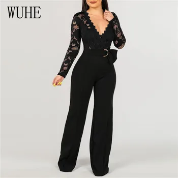 WUHE Sexy Black Lace Patchwork Jumpsuit Women Long Sleeve V Neck Romper Wide Leg Pants Perspective Party Overalls Female Outfits
WUHE Sexy Black Lace Patchwork Jumpsuit Women Long Sleeve V Neck Romper Wide Leg Pants Perspective Party Overalls Female Outfits