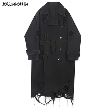 Long Style Men Notched Lapel Ripped Denim Jacket Double Breasted Destroyed Bottom Holed Trench Denim Coat Loose
Long Style Men Notched Lapel Ripped Denim Jacket Double Breasted Destroyed Bottom Holed Trench Denim Coat Loose