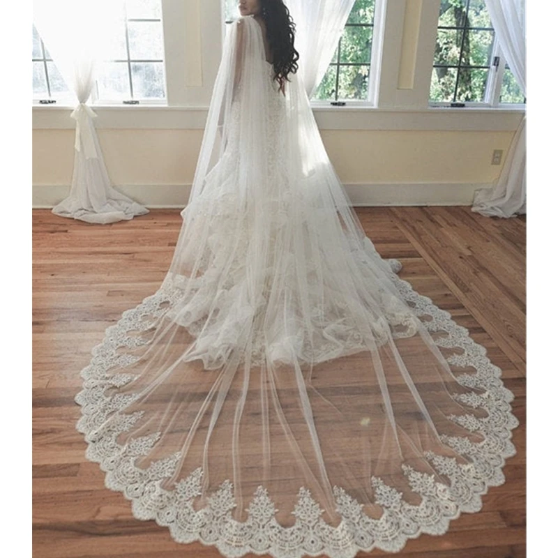 

Real Photos Long Lace Wedding Cape 3.5 Meters Wedding Bolero White Ivory Bridal Cape Shoulder Veils for Bride Dresses