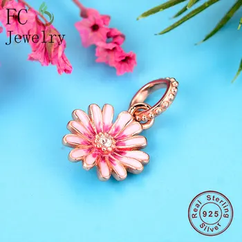 

FC Jewelry Fit Original Pandora Charm Bracelet 925 Silver Rose Gold Daisy Pink Enamel Flower Pendant Bead Making Berloque 2020