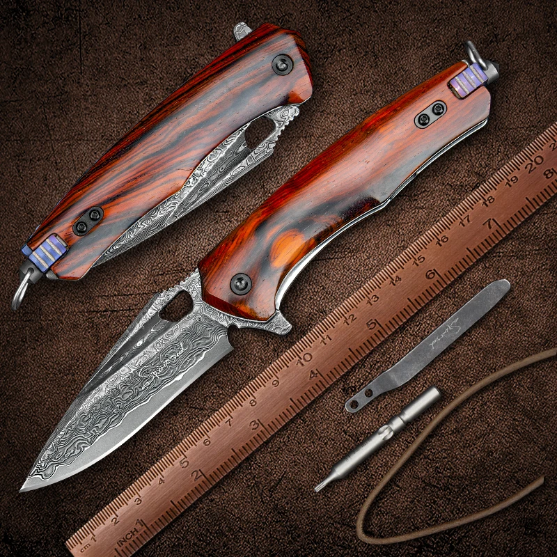 

Multi-functional Folding Pocket Knife with EDC Clip Damascus Blade Rosewood Handle, Emergency Hammer, DIY Self-assembling Tool