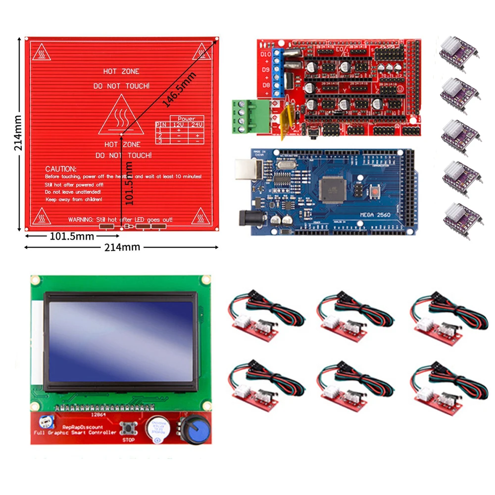 Ramps 1.4 Kit with Mega 2560 r3 + Heatbed MK2B + 12864 LCD Controller + DRV8825 +Mechanical Switch +Cables for 3D Printer
Ramps 1.4 Kit with Mega 2560 r3 + Heatbed MK2B + 12864 LCD Controller + DRV8825 +Mechanical Switch +Cables for 3D Printer