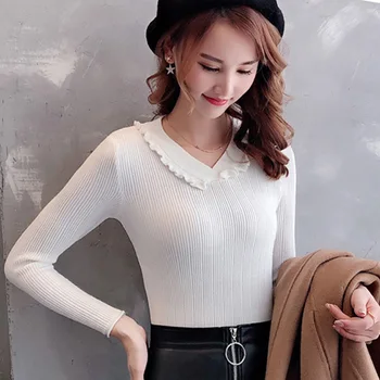 Fashion Solid Color V-neck Ruffles Decoration Women's Sweater Korean Style Casual Slim Long-sleeved Knit Pullover
Fashion Solid Color V-neck Ruffles Decoration Women's Sweater Korean Style Casual Slim Long-sleeved Knit Pullover