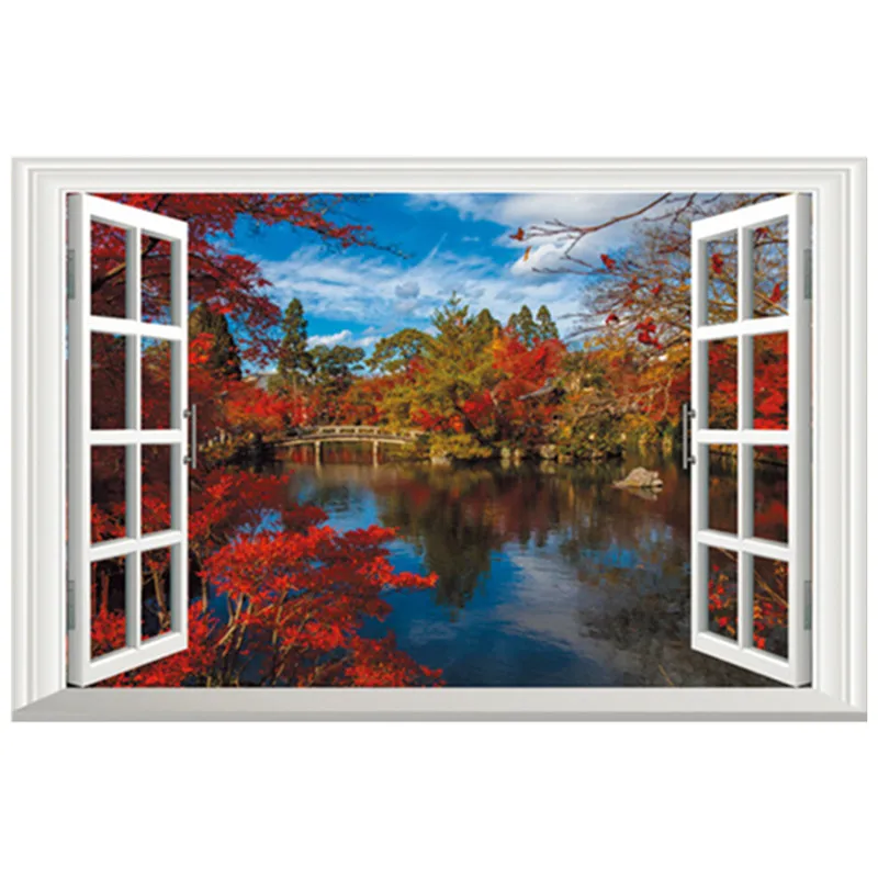 Фото Autumn garden scenery mural red leaf clear water fake 3d window vinyl wall stickers landscape wallpaper home decorations 60*40cm | Дом и сад