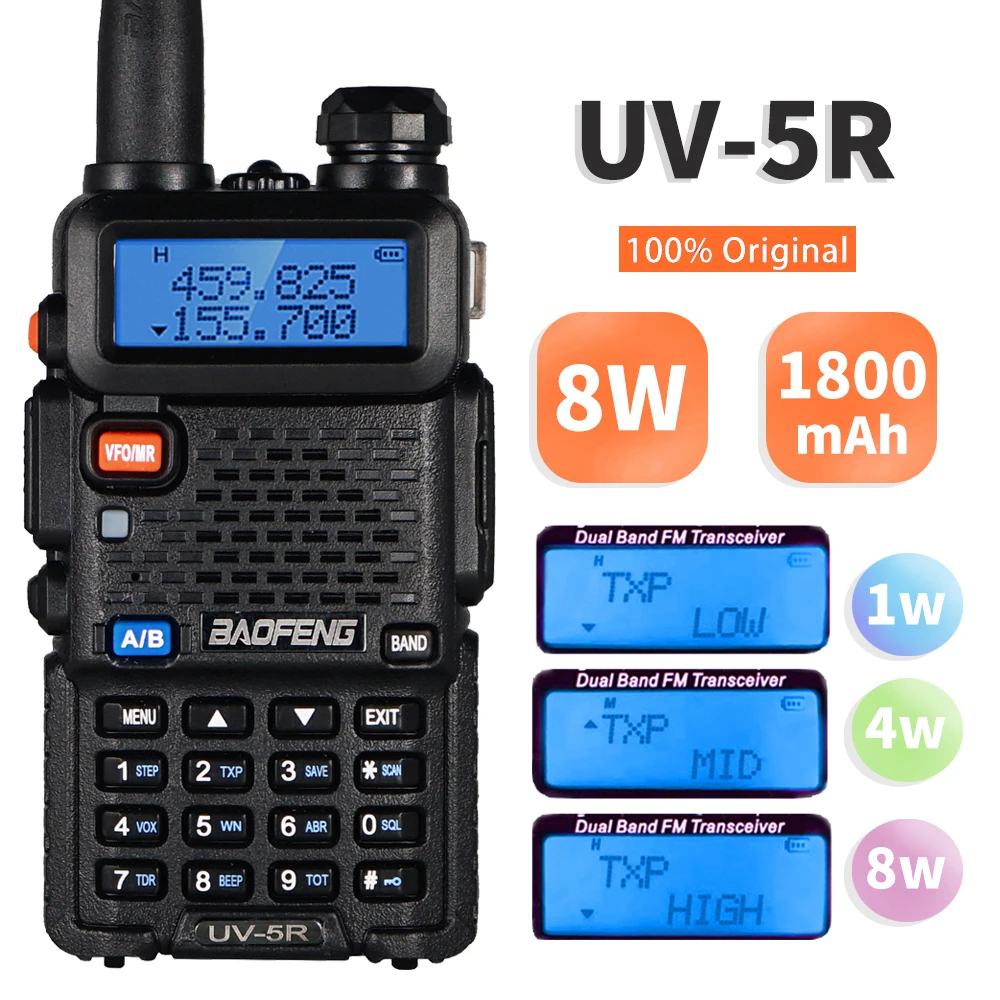 High Power 8W Baofeng UV-5R Walkie Talkie Dual Band Walkie FM Transceiver UV 5R Portable Two Way Radio UV5R Amateur Ham CB Radio
High Power 8W Baofeng UV-5R Walkie Talkie Dual Band Walkie FM Transceiver UV 5R Portable Two Way Radio UV5R Amateur Ham CB Radio