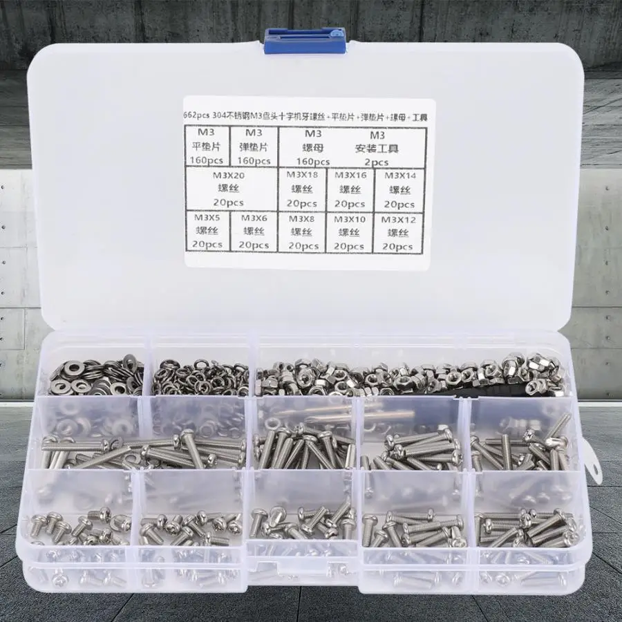 662PCS/set Stainless Steel Screws M3 Pan Machine Screw+Flat/Elastic Washer+Nut Hardware Parts tornillos cabeza
662PCS/set Stainless Steel Screws M3 Pan Machine Screw+Flat/Elastic Washer+Nut Hardware Parts tornillos cabeza