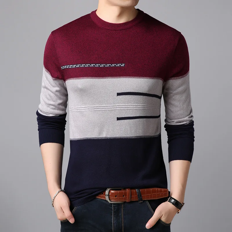 Мужской свитер с круглым вырезом в полоску облегающая трикотажная одежда из