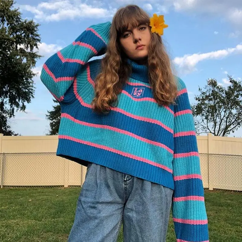Womens Striped Jumper Sweater with Embroidered Letter Plaid Lazy Streetwear Roll Neck Turtleneck Chunky Knit Pullovers Female
Womens Striped Jumper Sweater with Embroidered Letter Plaid Lazy Streetwear Roll Neck Turtleneck Chunky Knit Pullovers Female