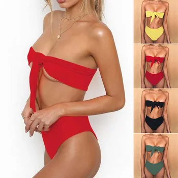 

Womens Bow Knot Bikini Bandeau Solid Color Two-Piece Sexys Swimsuits TC21
