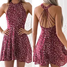 

Womens Boho Beach Dress Summer Holiday Burgundy Backless Sundress Halter Floral Mini Dress Ladies Slim Sleeveless Vestido Playa