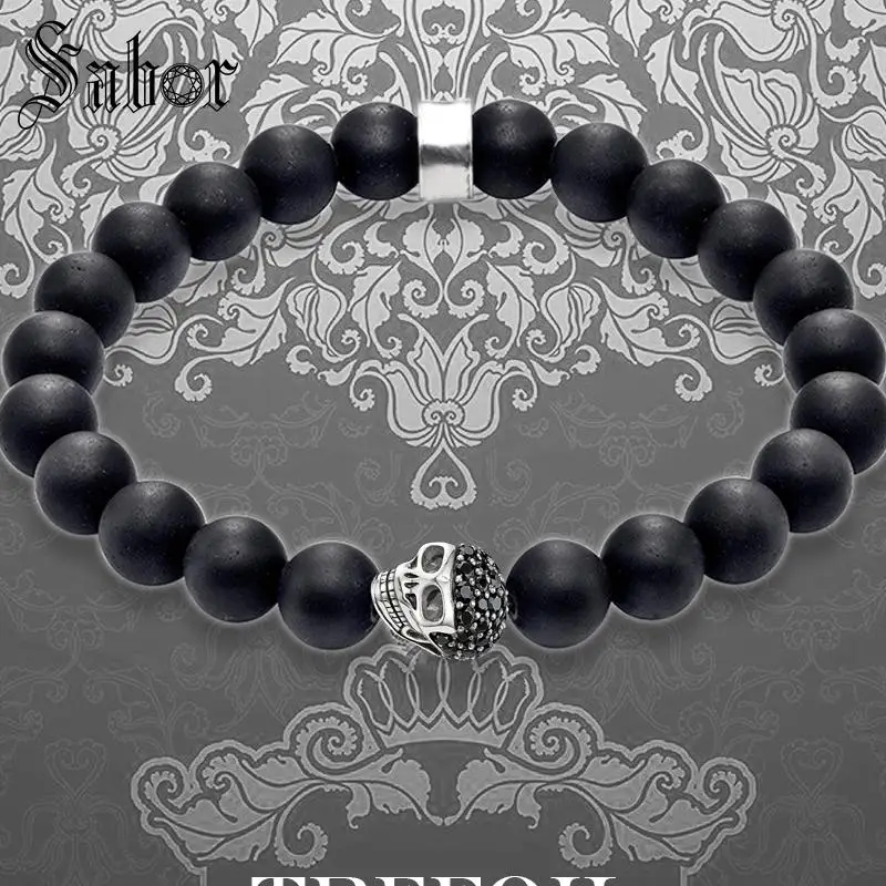 Мужской браслет Strand Skull Pave 10 мм обсидиановые бусины черного и серебристого цвета