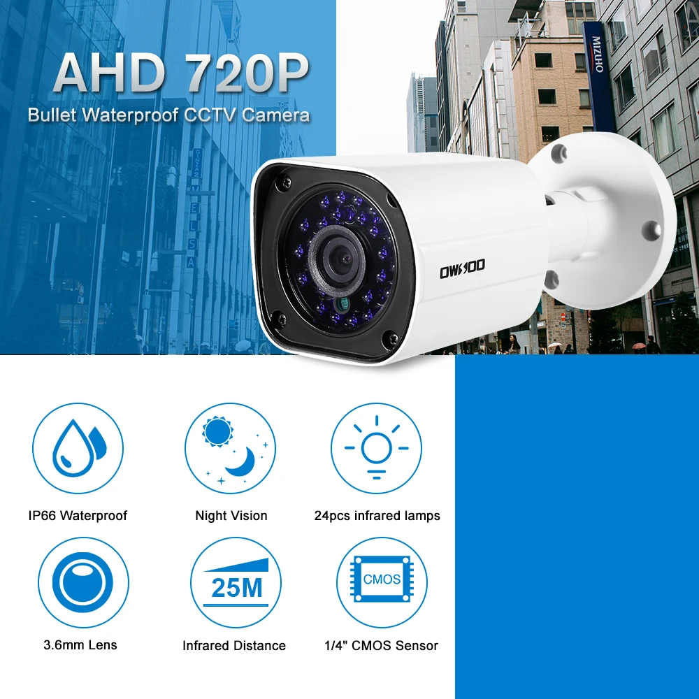 

OWSOO 720P AHD Bullet Waterproof CCTV Camera 1.0MP 1/4" CMOS 24pcs 3.6mm IR LEDS Night Vision IR-CUT Indoor Outdoor Security