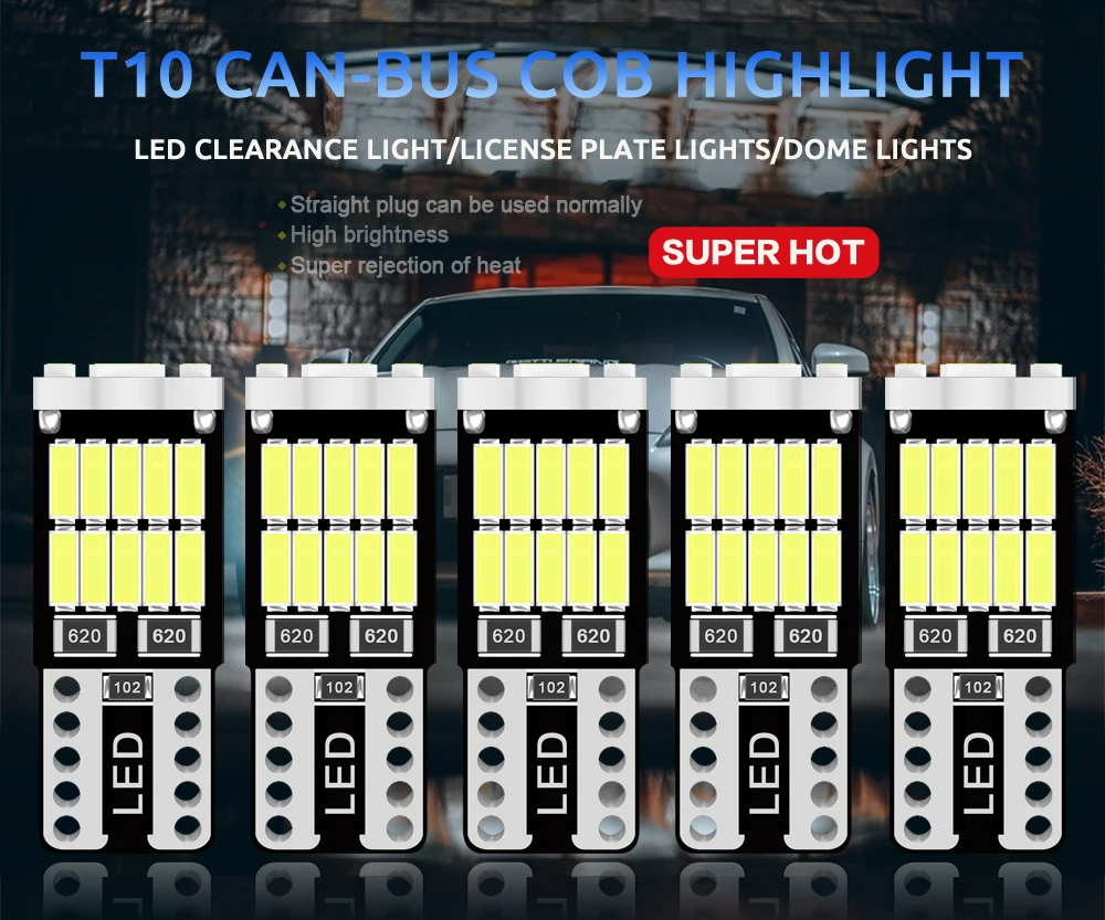 10x T10 Led Canbus W5W Led Автомобильный внутренний светильник, 26led 4014smd 194 168 620 без ошибок, лампа для чтения, фотолампа 6000K