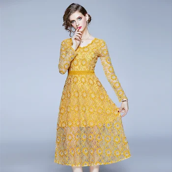 High-end Fashion Lace Dresses Women Office lady Hollow V Neck Lace Female Elegant Long Sleeves Slim Party Dress Female Vestidos 
High-end Fashion Lace Dresses Women Office lady Hollow V Neck Lace Female Elegant Long Sleeves Slim Party Dress Female Vestidos