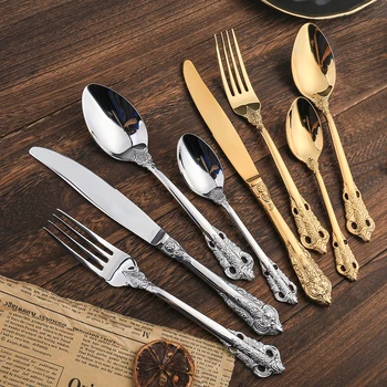 Upscale 304 Stainless Steel Western Cutlery Set Golden Silver Dinner Fork Knives Dessert Spoon Court Retro Embossed 24 PCS Set
Upscale 304 Stainless Steel Western Cutlery Set Golden Silver Dinner Fork Knives Dessert Spoon Court Retro Embossed 24 PCS Set