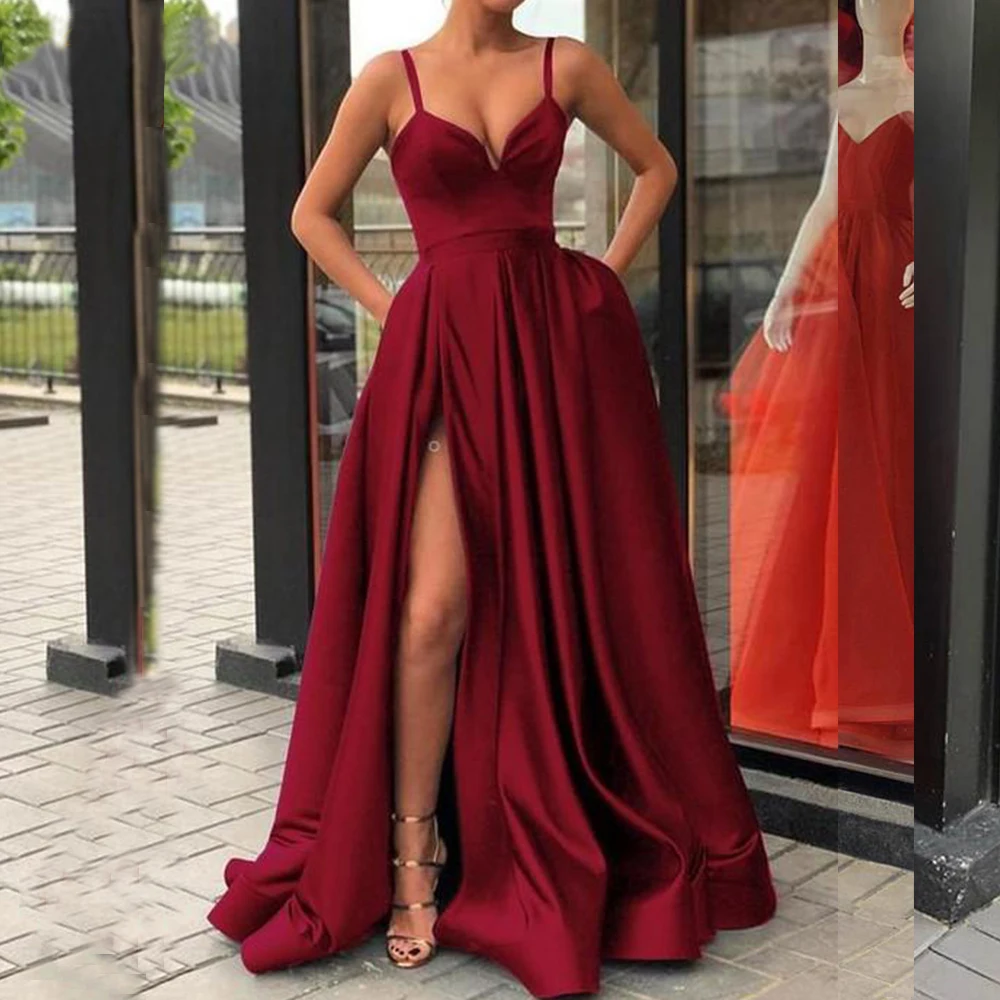 Spaghetti Strap Royal Blue Evening Dress 2020 Newest Shiny Soft Satin Sexy High Slit Formal Party Dress Horse Hem Prom Dress (2)