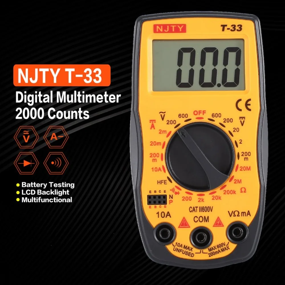 NJTY T-33 Digital Multimeter DC/AC Voltage Current Meter Mini Ammeter Ohm Diode HFE Continuity Tester 2000 Counts Multitester
NJTY T-33 Digital Multimeter DC/AC Voltage Current Meter Mini Ammeter Ohm Diode HFE Continuity Tester 2000 Counts Multitester