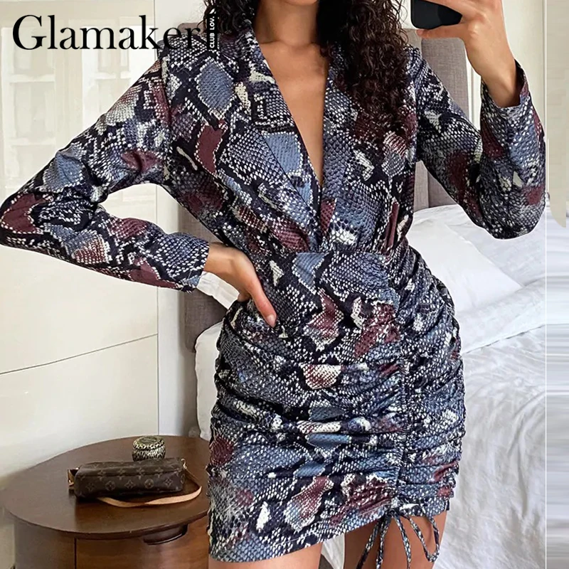 

Glamaker Sexy snake printed long sleeve mini dress Women party club shir ruched ladies vestidos Winter autumn fashion dress 2020