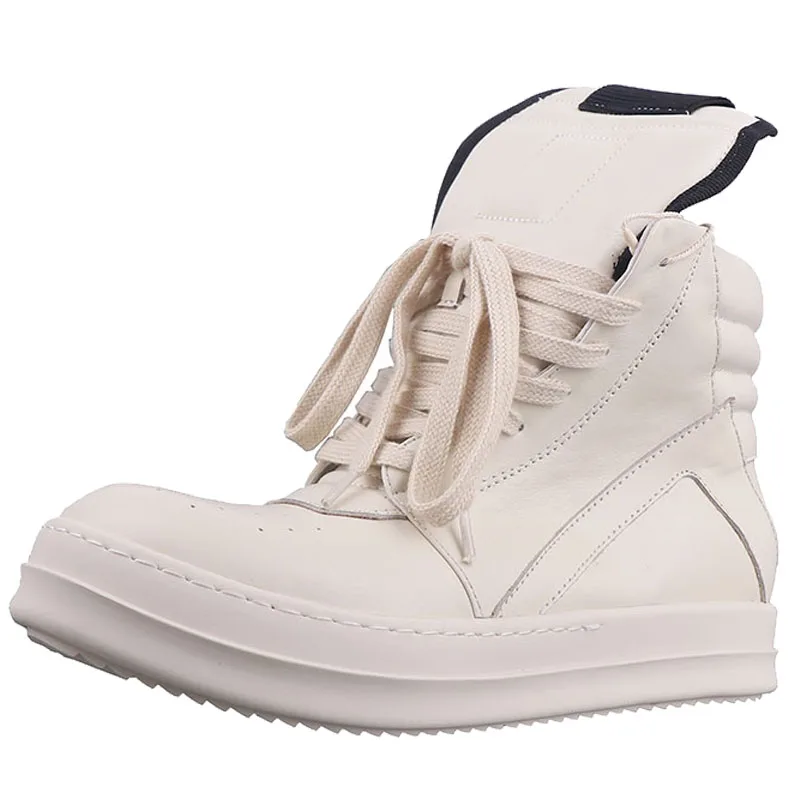 

New Season Man White Geobasket Sneakers Genuine Leather Lace-up Round Toe High-top Thick Sole Kanye West Fashion Shoes Trainers