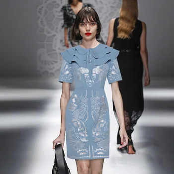 European Blue Runway Designer Dress Women Summer Vintage Ruffles O-neck Short Sleeve Embroidery A-line Mini Dress 2020
European Blue Runway Designer Dress Women Summer Vintage Ruffles O-neck Short Sleeve Embroidery A-line Mini Dress 2020