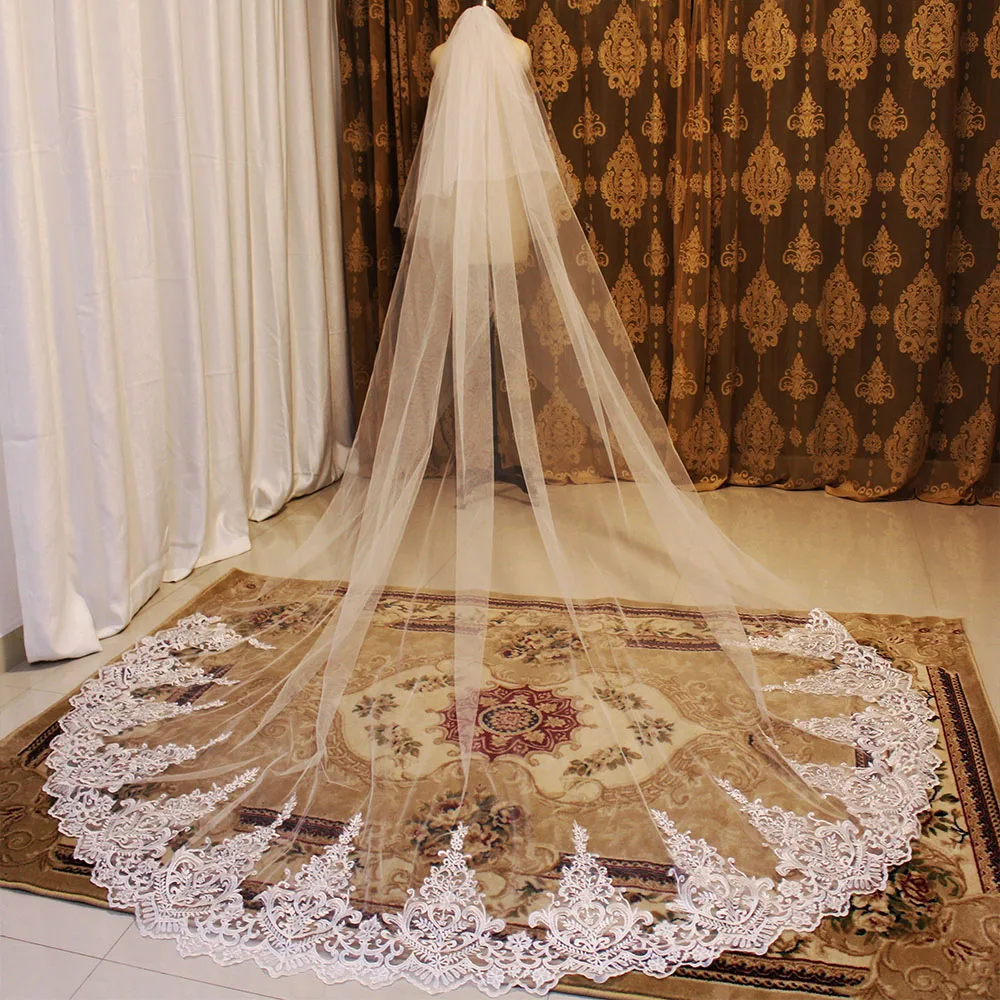 

Real Photos 2 Layers Long Lace Wedding Veil 3 Meters White Ivory Bridal Veil with Blusher Bride Veil Wedding Accessories