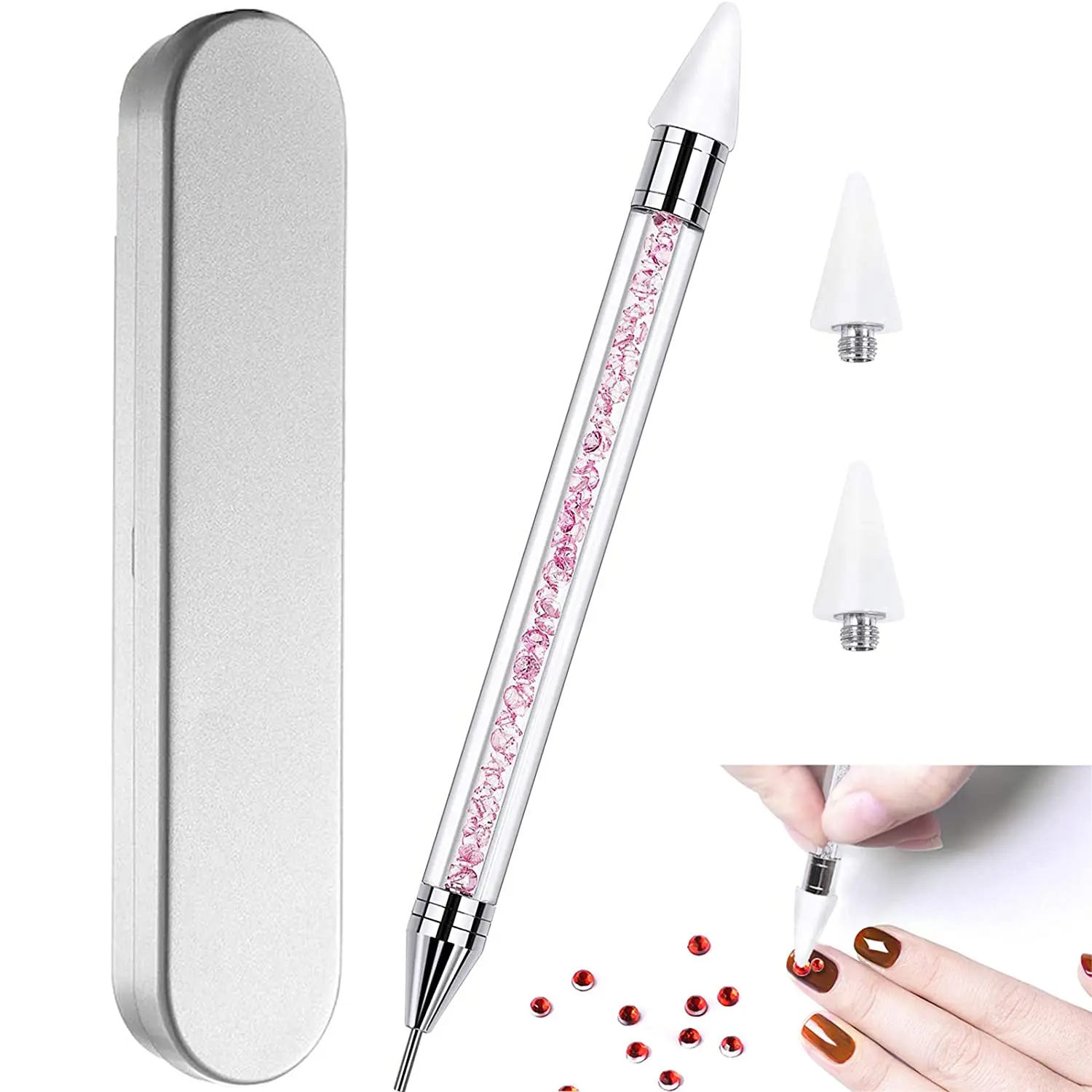 Nail Dotting pen Dual-ended DIY Wax Picker Dotting Penl With Pink Acrylic Rhinestone Handle
Nail Dotting pen Dual-ended DIY Wax Picker Dotting Penl With Pink Acrylic Rhinestone Handle