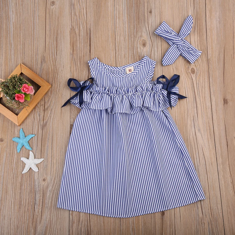 2020 Fashion Sweet Lovely Summer Dress Toddler Baby Girls Off Shoulder O-Neck Bow Blue Striped Straight Mini Dress Outfit Party 2020 Fashion Sweet Lovely Summer Dress Toddler Baby Girls Off Shoulder O-Neck Bow Blue Striped Straight Mini Dress Outfit Party