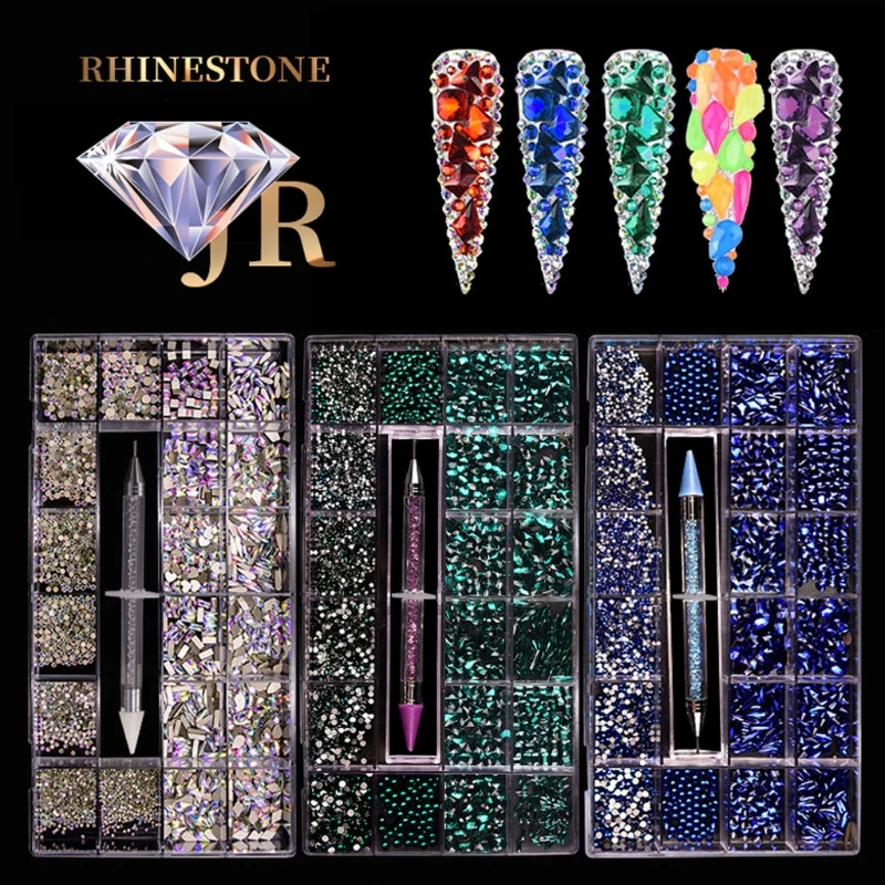 

Flatback Nail Jewels Irregular Rhinestones Box Nail Art Supplies and Clear Crystal Rhinestones with Pick Up Dotting Pen