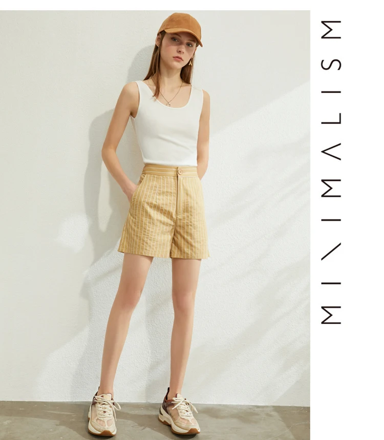 AMII Minimalism Spring Summer Suit Set Lapel Stripe Three Quarter Sleeves Suit Coat High Waist Shorts 12030238