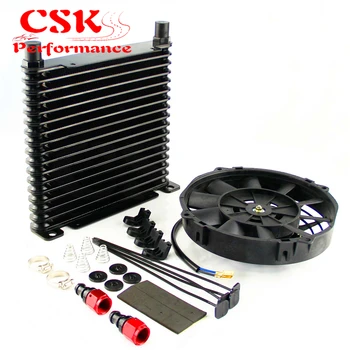 

10-AN 32mm Aluminum 17 Row Engine/Transmission Racing Oil Cooler+7" Electric Fan Kit w/ Fittings Black