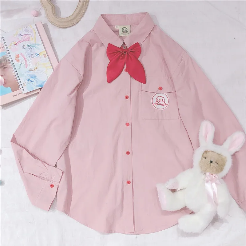 Korean Autumn New Women's Long Sleeve Shirt Bowknot Tie Dog embroidery Pocket Pink Tops Kawaii Mori Girl Student Loose Shirt
Korean Autumn New Women's Long Sleeve Shirt Bowknot Tie Dog embroidery Pocket Pink Tops Kawaii Mori Girl Student Loose Shirt