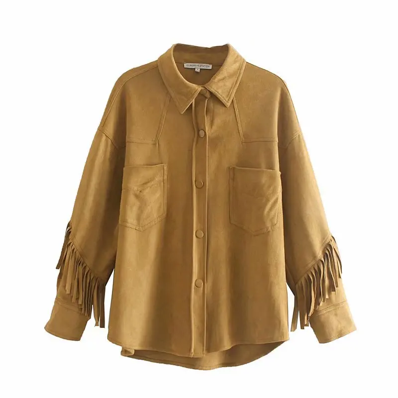 CS928 Women's Chic Back and Sleeve Tassels Double Pockets Deco Turn Down Collar Suede Blouse Autumn Long Sleeve Shirts Tops 
CS928 Women's Chic Back and Sleeve Tassels Double Pockets Deco Turn Down Collar Suede Blouse Autumn Long Sleeve Shirts Tops